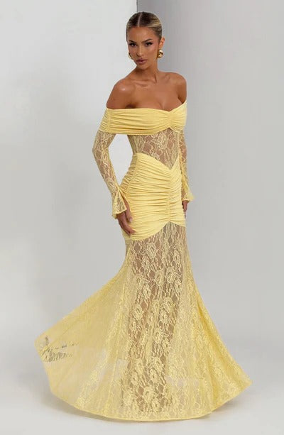 Off-the-Shoulder Lace Long Dress with Draped Hips & Elegant Fit – Pauline