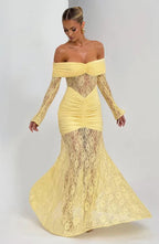 Off-the-Shoulder Lace Long Dress with Draped Hips & Elegant Fit – Pauline