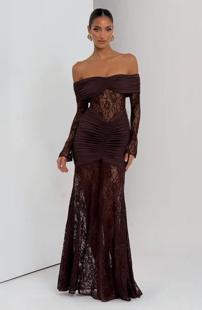Off-the-Shoulder Lace Long Dress with Draped Hips & Elegant Fit – Pauline