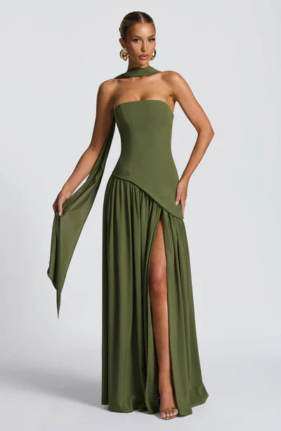 Strapless Long Dress with Draped Detail & Elegant Silhouette – Mya