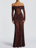 Off-the-Shoulder Lace Long Dress with Draped Hips & Elegant Fit – Pauline