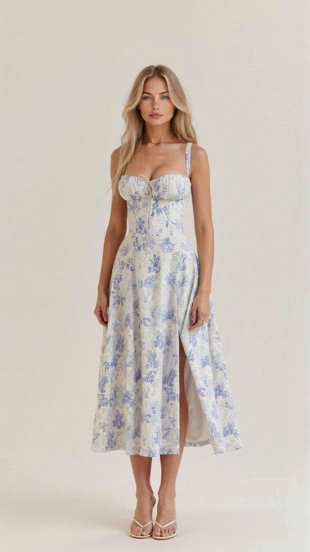 Corset-Style Floral Midi Dress with Structured Bodice – Calyra Belle