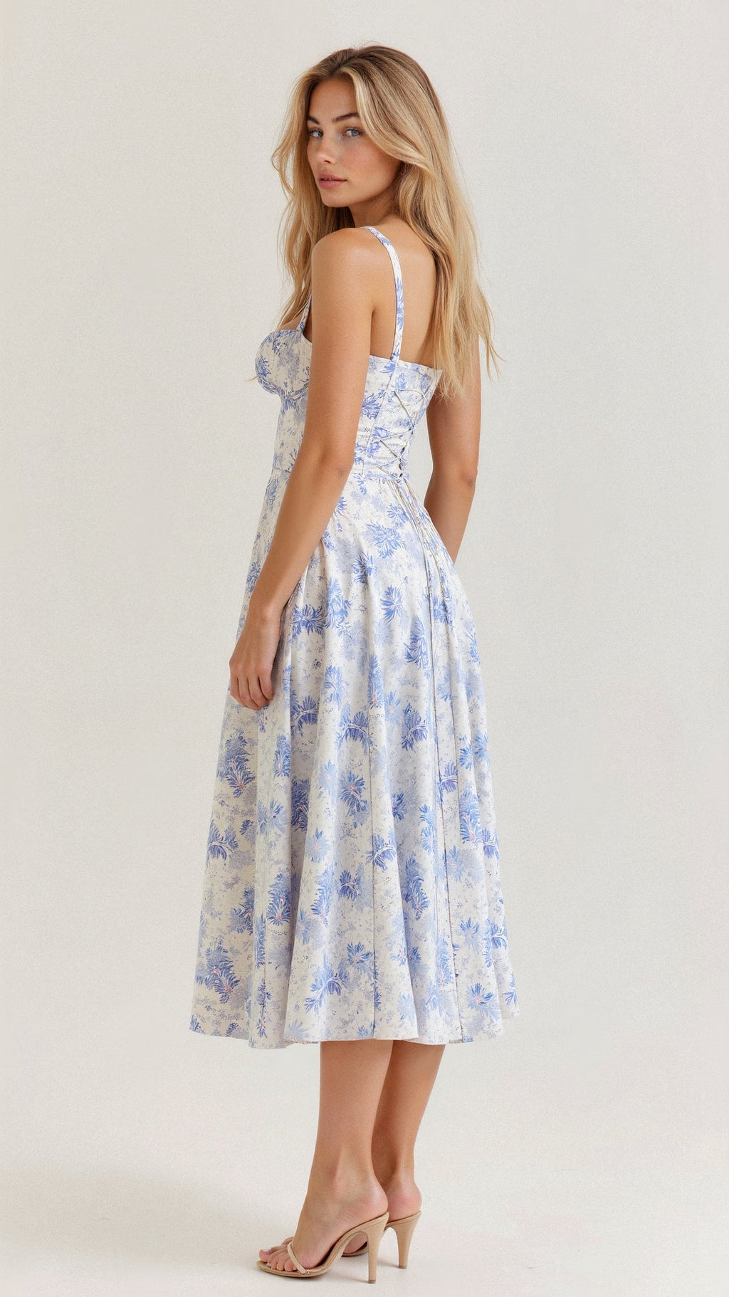 Corset-Style Floral Midi Dress with Structured Bodice – Calyra Belle