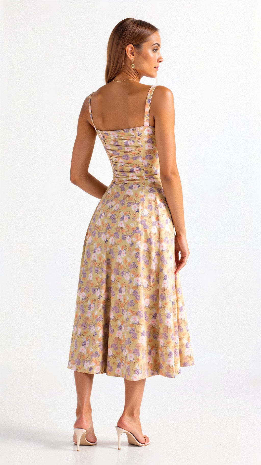 Corset-Style Floral Midi Dress with Structured Bodice – Calyra Belle