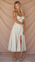 Corset-Style Floral Midi Dress with Structured Bodice – Calyra Belle