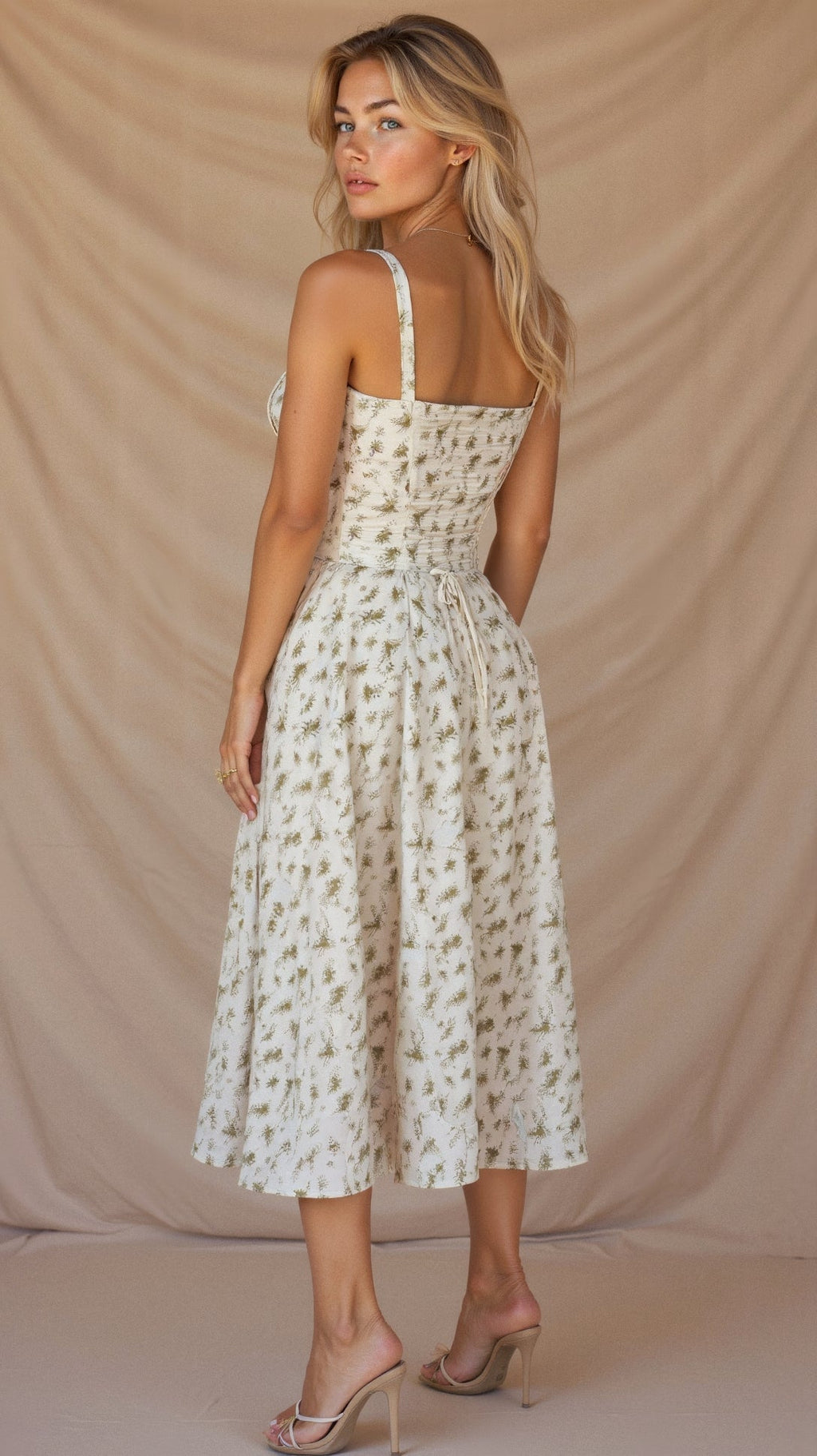 Corset-Style Floral Midi Dress with Structured Bodice – Calyra Belle