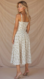 Corset-Style Floral Midi Dress with Structured Bodice – Calyra Belle