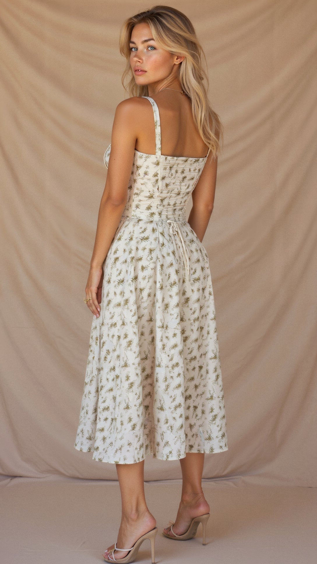 Corset-Style Floral Midi Dress with Structured Bodice – Calyra Belle