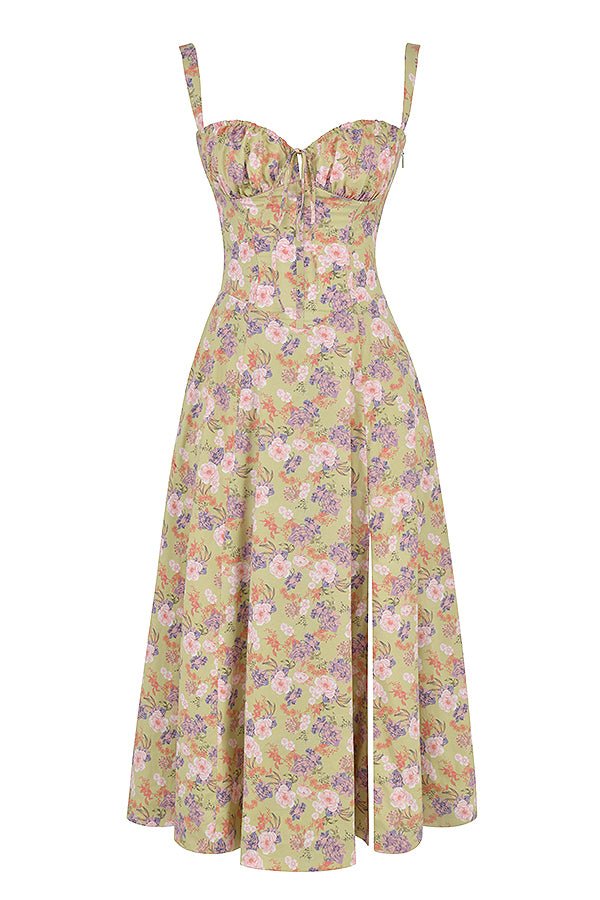 Corset-Style Floral Midi Dress with Structured Bodice – Calyra Belle