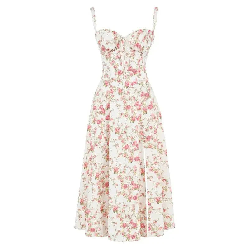 Corset-Style Floral Midi Dress with Structured Bodice – Calyra Belle