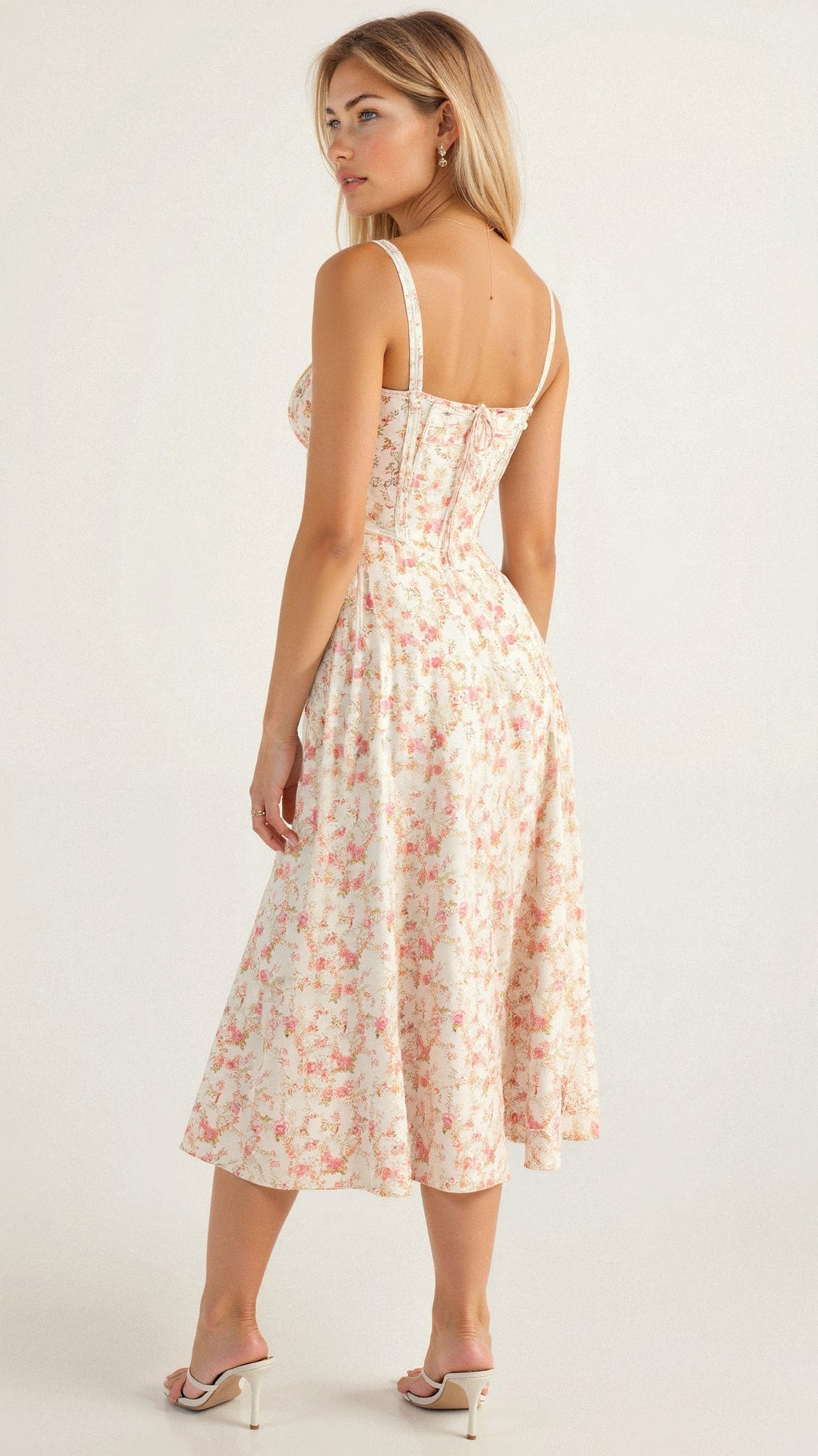 Corset-Style Floral Midi Dress with Structured Bodice – Calyra Belle