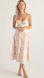 Corset-Style Floral Midi Dress with Structured Bodice – Calyra Belle