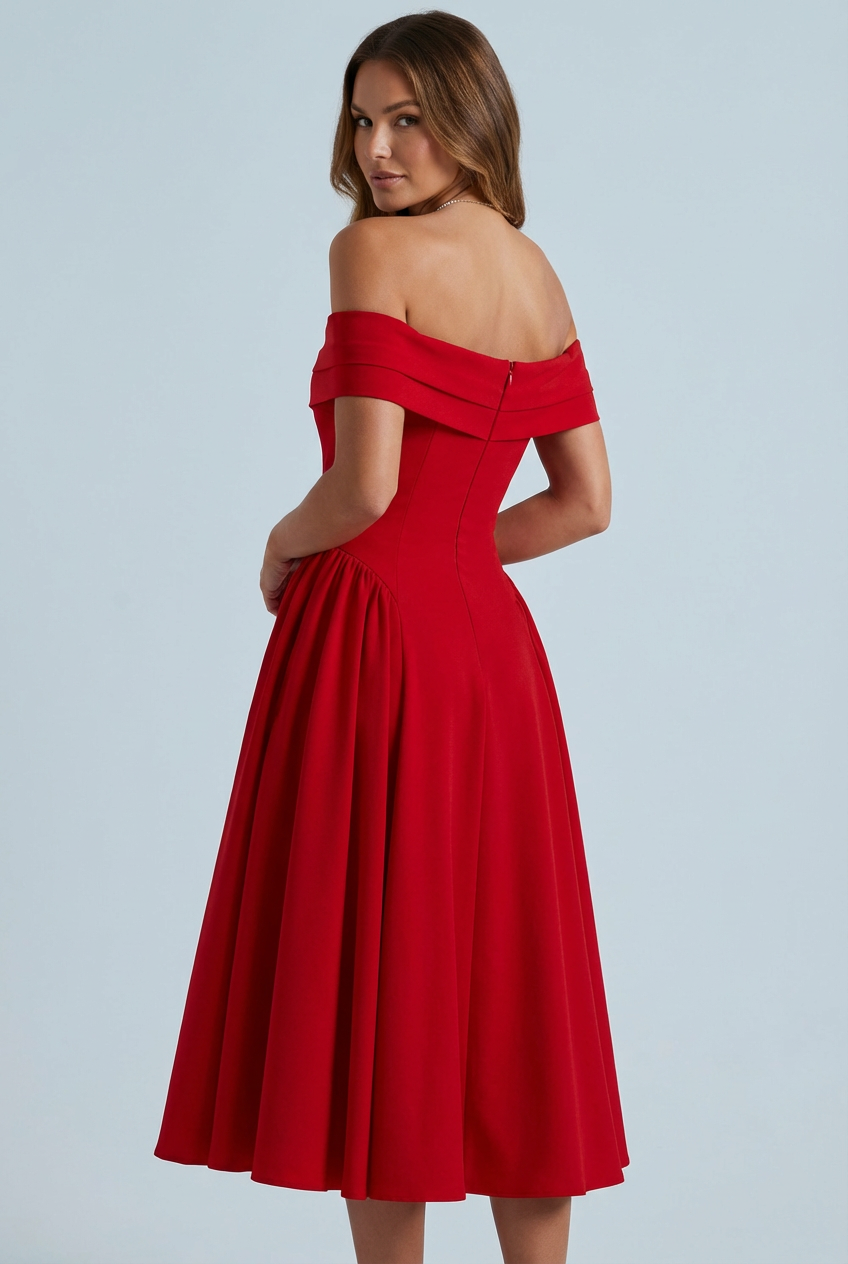 Off-Shoulder Pleated Midi Dress Flare Skirt – Eveline