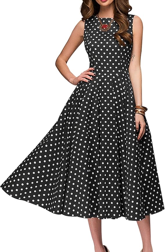 Chic Sleeveless High-Waist Dress with Polka Dot Print