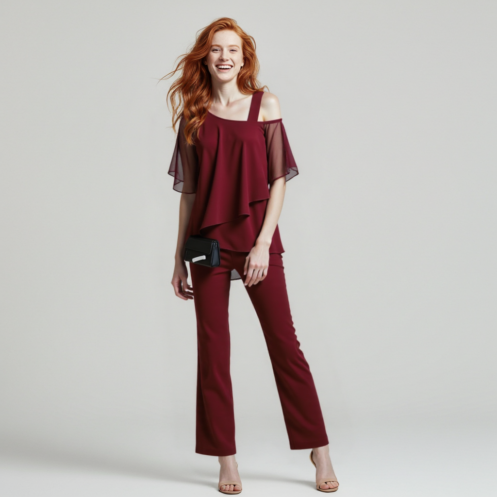 Women's Two-Piece Set | Elegant Jumpsuit with Cold Shoulder Top