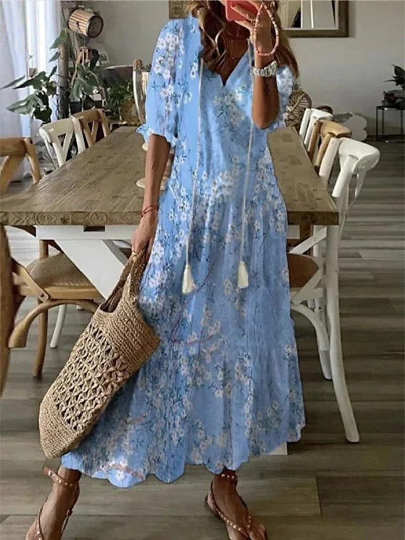 Bettina | Women's Short Sleeve V-Neck Bohemian Summer Maxi Dress