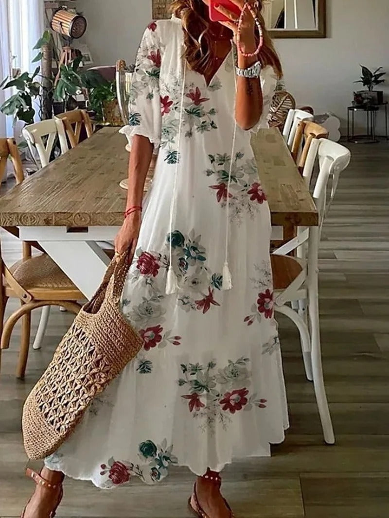 Bettina | Women's Short Sleeve V-Neck Bohemian Summer Maxi Dress